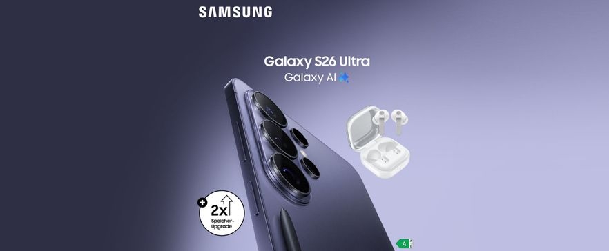 Samsung Galaxy S26 Ultra mit Galaxy AI, weißen Earbuds und 2x Speicher-Upgrade auf violettem Hintergrund.