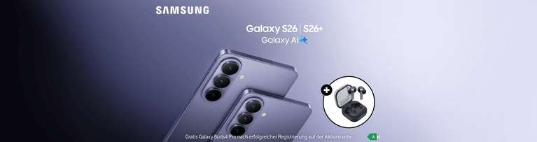 Samsung Galaxy S26 und S26+ Smartphones in Lila mit Galaxy AI-Logo und Angebot für gratis Galaxy Buds4 Pro nach Registrierung.