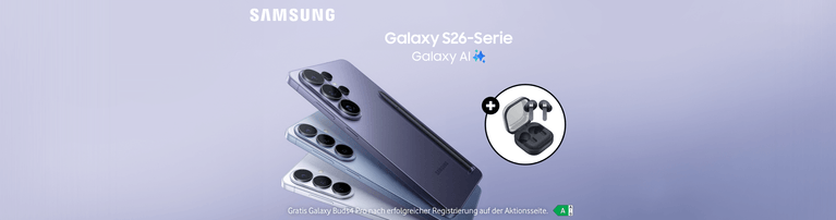 Samsung Galaxy S26-Serie mit Galaxy AI in verschiedenen Farben, daneben Galaxy Buds4 Pro als Gratisangebot nach Registrierung.