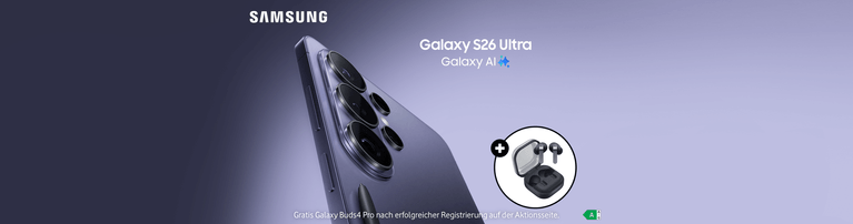 Samsung Galaxy S26 Ultra mit Galaxy AI in Lila, daneben Abbildung der Galaxy Buds4 Pro als Gratisangebot nach Registrierung.