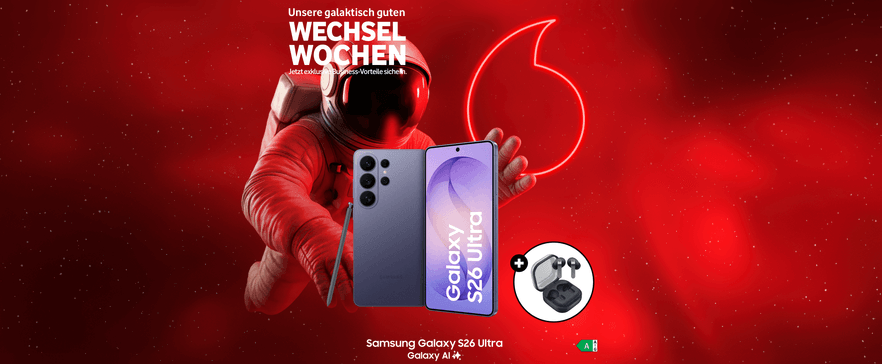 Astronaut mit Samsung Galaxy S26 Ultra Smartphone vor rotem Hintergrund mit Vodafone-Logo und "Wechselwochen" Werbung für Business-Vorteile.