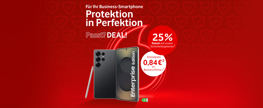 Werbebanner für Business-Smartphone-Schutz mit 25 % Rabatt, Galaxy-Smartphone und Buds3 Pro als Gratisgeschenk auf rotem Hintergrund.