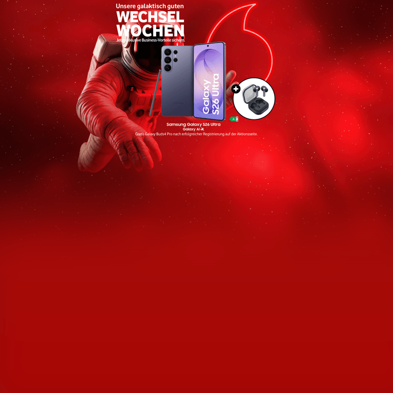 Vodafone Werbung mit Astronaut, Samsung Galaxy S26 Ultra und gratis Galaxy Buds4 Pro auf rotem Hintergrund mit Weltraum-Thema.