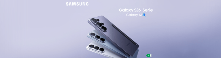 Samsung Galaxy S26-Serie mit Galaxy AI in verschiedenen Farben.