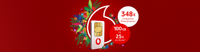 Werbegrafik von Vodafone mit einer SIM‑Karte vor floralen Elementen und Tarifhinweisen: 100 GB für 25 Euro pro Monat und 348 Euro Ersparnis im Business Prime M Tarif.
