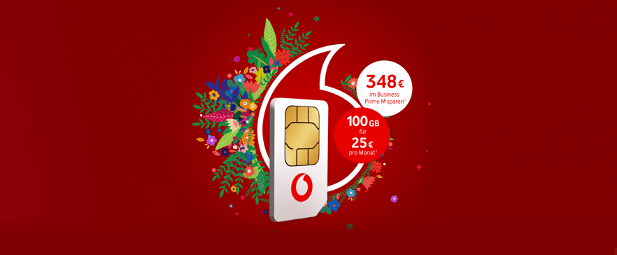 Werbegrafik von Vodafone mit einer SIM‑Karte vor floralen Elementen und Tarifhinweisen: 100 GB für 25 Euro pro Monat und 348 Euro Ersparnis im Business Prime M Tarif.