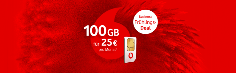 Werbegrafik von Vodafone mit einer SIM‑Karte vor floralen Elementen und Tarifhinweisen: 100 GB für 25 Euro pro Monat und 348 Euro Ersparnis im Business Prime M Tarif.