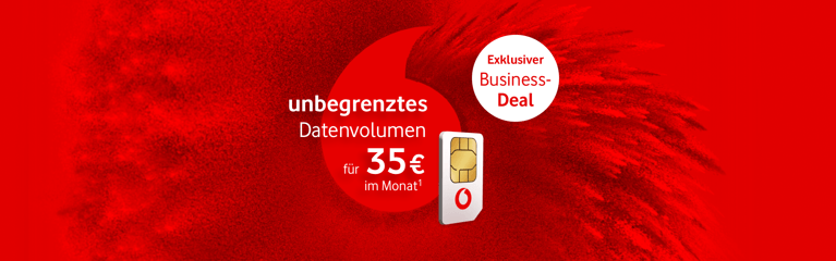 Roter Vodafone‑Hero‑Banner mit SIM‑Karte und Text „unbegrenztes Datenvolumen für 35 € im Monat“, ergänzt durch Badge „Exklusiver Business‑Deal“.