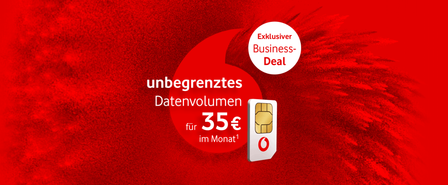 Rotes Vodafone‑Werbebanner mit strukturierter Hintergrundgrafik. Weißer Text: ‚unbegrenztes Datenvolumen für 35 € im Monat¹‘. Daneben weiße SIM‑Karte mit rotem Vodafone‑Logo. Weißer Kreis mit Text: ‚Exklusiver Business‑Deal‘.