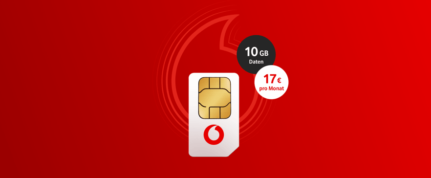 Weiße Vodafone‑SIM‑Karte mit rotem Vodafone‑Logo auf rotem Hintergrund; rechts daneben zwei runde Hinweis-Badges mit der Aufschrift „10 GB Daten“ und „17 € pro Monat“.