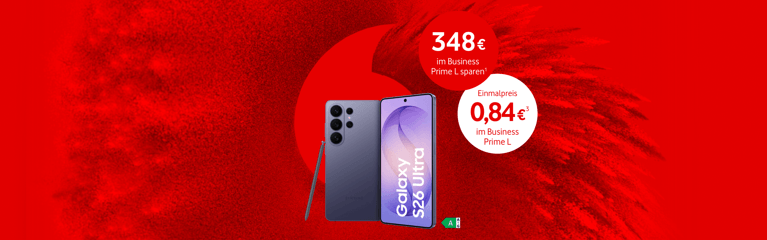 Vodafone Werbegrafik: Samsung Galaxy S26 Ultra mit floralen Designelementen, kombiniert mit einem Hinweis auf 348 Euro Ersparnis im Business Prime L Tarif und einem einmaligen Preis von 0,84 Euro.