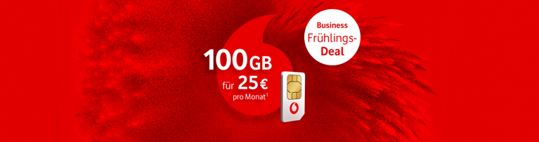 Werbegrafik von Vodafone mit einer SIM‑Karte vor floralen Elementen und Tarifhinweisen: 100 GB für 25 Euro pro Monat und 348 Euro Ersparnis im Business Prime M Tarif.