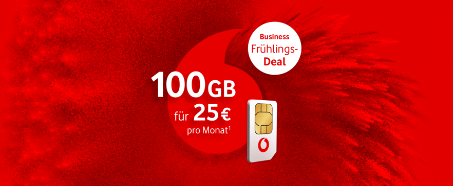 Werbegrafik von Vodafone mit einer SIM‑Karte vor floralen Elementen und Tarifhinweisen: 100 GB für 25 Euro pro Monat und 348 Euro Ersparnis im Business Prime M Tarif.