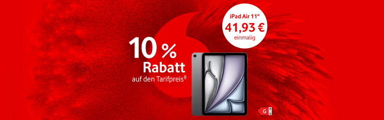 Abbildung des iPad Air in 11 Zoll, mit Hinweis auf 10 Prozent Tarifrabatt