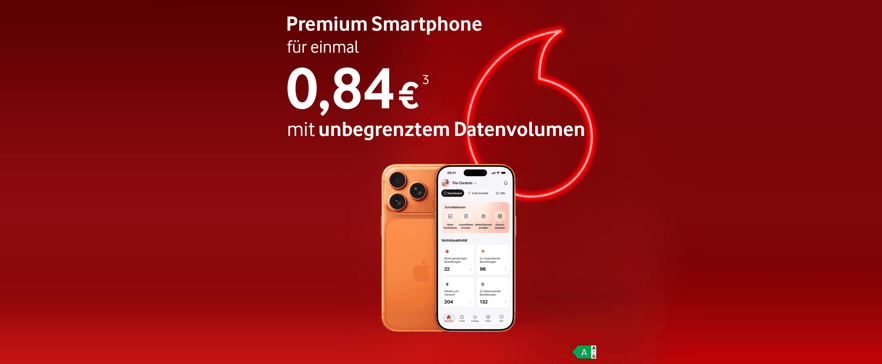 Roter Vodafone‑Werbehintergrund mit Smartphone. Text: ‚Premium Smartphone für einmal 0,84 €³ mit unbegrenztem Datenvolumen‘.