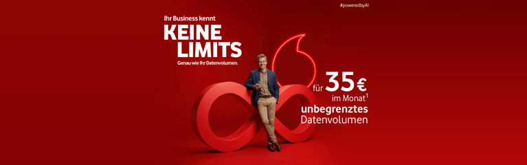 Roter Vodafone‑Werbehintergrund mit liegender Acht als Logo. Eine Person lehnt am Logo. Text: ‚Ihr Business kennt keine Limits. Genau wie Ihr Datenvolumen.‘ Hinweis auf unbegrenztes Datenvolumen für 35 € im Monat.