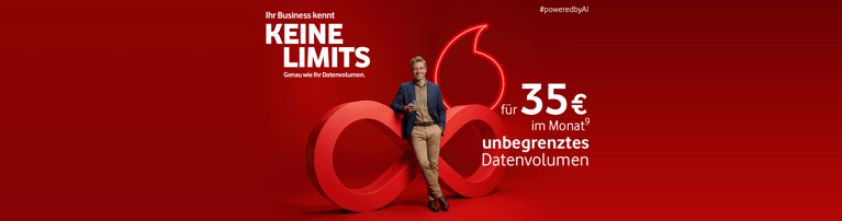 Roter Vodafone‑Werbehintergrund mit liegender Acht als Logo. Eine Person lehnt am Logo. Text: ‚Ihr Business kennt keine Limits. Genau wie Ihr Datenvolumen.‘ Hinweis auf unbegrenztes Datenvolumen für 35 € im Monat.