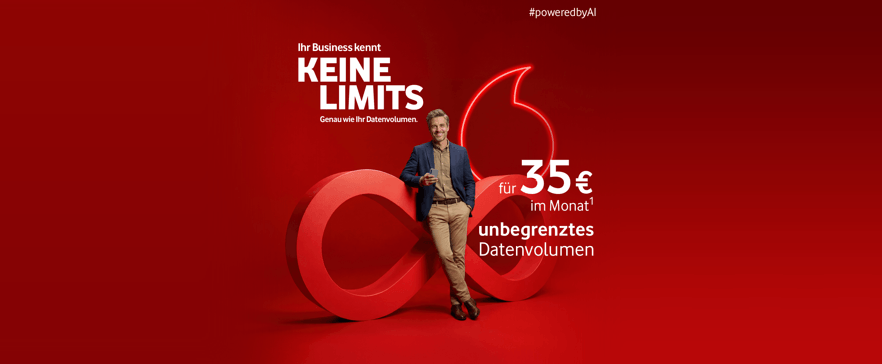 Roter Vodafone‑Werbehintergrund mit liegender Acht als Logo. Eine Person lehnt am Logo. Text: ‚Ihr Business kennt keine Limits. Genau wie Ihr Datenvolumen.‘ Hinweis auf unbegrenztes Datenvolumen für 35 € im Monat.