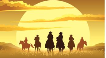 Eine Gruppe Cowboys reitet durch die Wüste auf der Suche nach dem nächsten Abenteuer