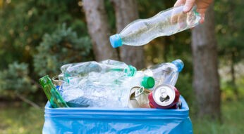 Hand wirft Plastikflaschen am World Clean Up Day 2019 in Mülleimer