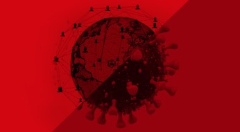 Eine Erdkugel, halb Weltkarte, halb eine Zelle, die mit vom Coronavirus befallen ist.