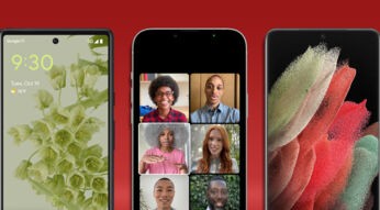 Pixel 6 Pro, iPhone 13 Pro Max und Galaxy S21 Ultra von vorne vor rotem Hintergrund