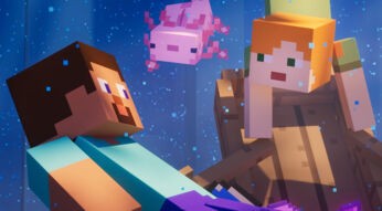 Zwei Charaktere aus Minecraft und ein Axolotl
