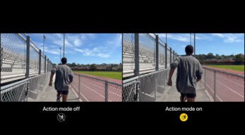 Geteilter Bildschirm bei Videoaufnahme: Läufer von hinten auf einem Sportplatz