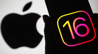 Das Bild zeigt das Apple-Logi und das Logo von iOS 16