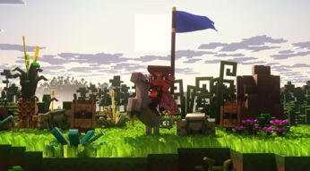 Ein Charakter aus Minecraft Legends reitet auf einem Pferd