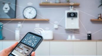 Ein Smartphone in der Hand steuert Geräte im Smart Home an