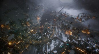 Auf dem Bild im Test zu Frostpunk 2 ist ein Screenshot vom Spiel zu sehen. Eine verschneite, post-apokalyptische Stadt bei Nacht, erhellt von vereinzelten Lichtern.