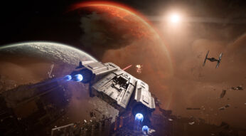 Im Bild zu Star Wars Outlaws siehst Du ein Raumschiff. dass in Richtung eines hell STrahlenden Planeten fliegt. Links im Bild ist ein weißer Planet zu sehen, der von rechts von dem hellen Planeten angeleuchtet wird. Weiter dahinter liegt ein noch größerer Planet, der orange-rot schimmert. Vor dem Raumschiff fliegt ein weiteres Weltraum-Gefährt. Darum herum fliegen Trümmerteile durch das All.