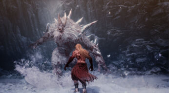 Auf dem Bild aus dem Spiel "The First Berserker: Khazan" steht die Hauptfigur Khazan, blutig und kampfbereit, einem riesigen, stacheligen Monster in einer verschneiten, felsigen Umgebung gegenüber. Khazan trägt zerrissene Kleidung und hat langes, blondes Haar, während das Monster bedrohlich auf ihn zugeht. Die Szene strahlt eine intensive, gefährliche Stimmung aus, die die brutale Natur des Spiels verdeutlicht.