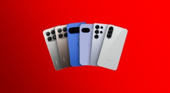 Auf dem Bild zur Vodafone Black Week sind sechs aktuelle Smartphones von Xiaomi, Google und Samsung fächerförmig nebeneinander angeordnet. Zu sehen sind Rückseiten in verschiedenen Farben, darunter Silber, Blau und Grau, mit markanten Kameraeinheiten. Der leuchtend rote Hintergrund unterstreicht den Aktionscharakter und zieht den Blick auf die Geräte im Zentrum des Motivs.