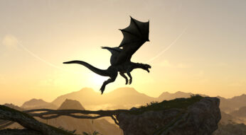 Vor einer goldenen Abendsonne fliegt ein majestätischer Drache mit ausgebreiteten Flügeln über eine felsige Landschaft. Im Hintergrund sind Berge und ein leicht nebliger Himmel zu sehen. Dieses Symbolbild steht für die Fantasiewelt der "Fourth Wing Serie".