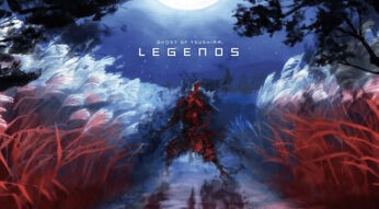 Dieses Bild zur Ghost of Tsushima-Serie zeigt eine mystische Szene mit einem roten Samurai, der in der Mitte eines surrealen Feldes aus roten und weißen Gräsern steht. Im Hintergrund leuchtet ein großer Vollmond, umgeben von dunklen Bäumen und einem blauen Nachthimmel. Der Samurai wirkt bedrohlich und von dunklen Schatten umgeben, was die Atmosphäre geheimnisvoll und intensiv macht.