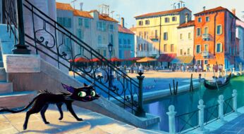 Auf dem Bild zum Pixar-Animationsfilm Gatto steht eine schwarze Zeichentrickkatze mit großen grünen Augen an einer Steintreppe. Im Hintergrund sieht man eine Stadt mit bunten Häusern, Gondeln im Wasser und Menschen auf einem sonnigen Platz.