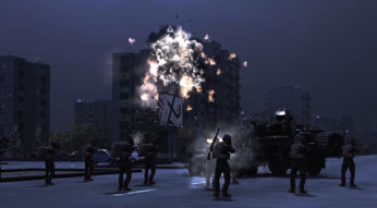 In einer Stadt im Spiel „Broken Arrow“ ist ein Hochhaus unter Beschuss.