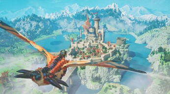 In dieser Szene aus Monster Hunter Stories 3 fliegt ein Reiter auf einem feurig gefärbten Rathalos über die mittelalterlich anmutende Stadt Azuria, die auf einem Felsplateau zwischen Seen und Bergen liegt. Die imposante Burg im Zentrum ist von roten Bannern geschmückt. Die Stimmung wirkt abenteuerlich und fantasievoll