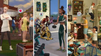 Das Bild zu Die Sims 4 Auf ins Abenteuer! zeigt drei Alltagsszenen: links unterhalten sich Sims in legerer Outdoor-Kleidung, in der Mitte trainieren sie im modernen Fitnessstudio und rechts spielen Sims-Kinder in einem Raum.