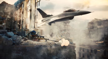 Ein Kampfflugzeug aus „Battlefield 6“ fliegt an einem Soldaten vorbei, der aus einer Gebäuderuine heraus mit einem Scharfschützengewehr schießt.