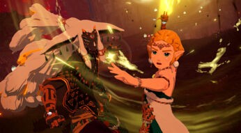 Auf diesem Bild aus Hyrule Warriors: Chronik der Versiegelung stehen Prinzessin Zelda und König Rauru Seite an Seite inmitten eines magischen Angriffs. Zelda streckt entschlossen die Hand nach vorn, ihre Augen voller Konzentration. Rauru wirkt mächtig und beschwört Energie mit erhobener Hand. Die Szene leuchtet in Goldtönen – ideal für Hyrule Warriors: Chronik der Versiegelung Tipps.