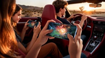 Auf der Rückbank eines Cabrios spielen zwei junge Frauen mit ihren Smartphones