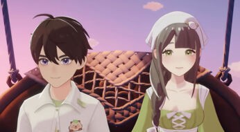 Die Heiratskandidatin Pastelle steht neben einem männlichen Spielercharakter in Starsand Island.