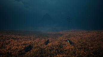 Drei kleine Figuren rennen im Spiel „ANIMAL“ durch ein weites Feld aus orangefarbenen Blumen, während dichter blauer Nebel eine düstere Landschaft mit Strommasten und einer pyramidenartigen Silhouette im Hintergrund verhüllt.