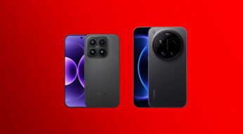 Auf dem Bild zum Xiaomi 17 (Ultra) sind nebeneinander das Xiaomi 17 und das Xiaomi 17 Ultra vor einem kräftig roten Hintergrund zu sehen. Links steht das Xiaomi 17 mit eckigem Kameramodul und vier Linsen auf der Rückseite, daneben die Vorderseite mit violettem Display. Rechts ist das größere Xiaomi 17 Ultra mit markantem, rundem Kameramodul und dunklem Display dargestellt. Die Präsentation wirkt modern und hochwertig.