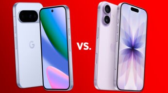 Das Pixel 10 in Blau ist links und das iPhone 17 in Lila ist recht zu sehen.