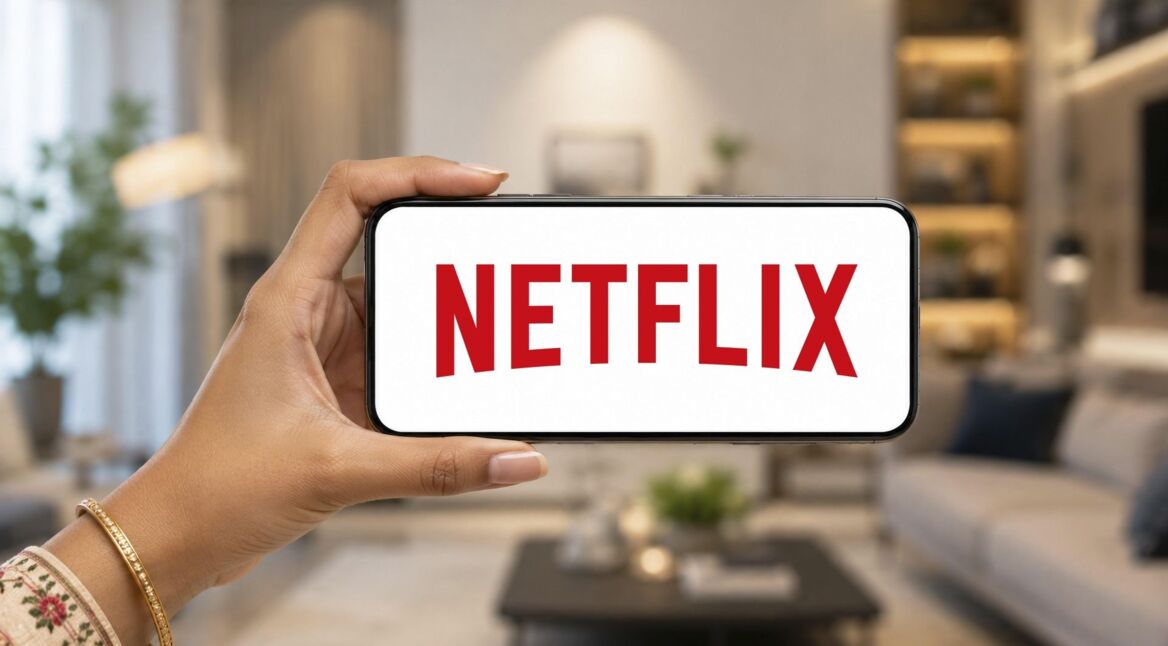 Blick auf die Hand einer Frau, die ein Smartphone mit Netflix-Logo auf dem Bildschirm hochhält.