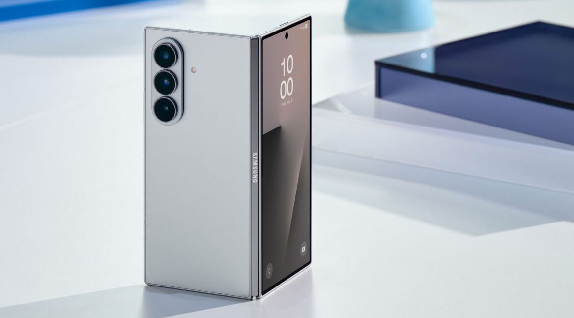 Das Falt-Handy Galaxy Z Fold7 steht aufgeklappt auf einem Tisch.